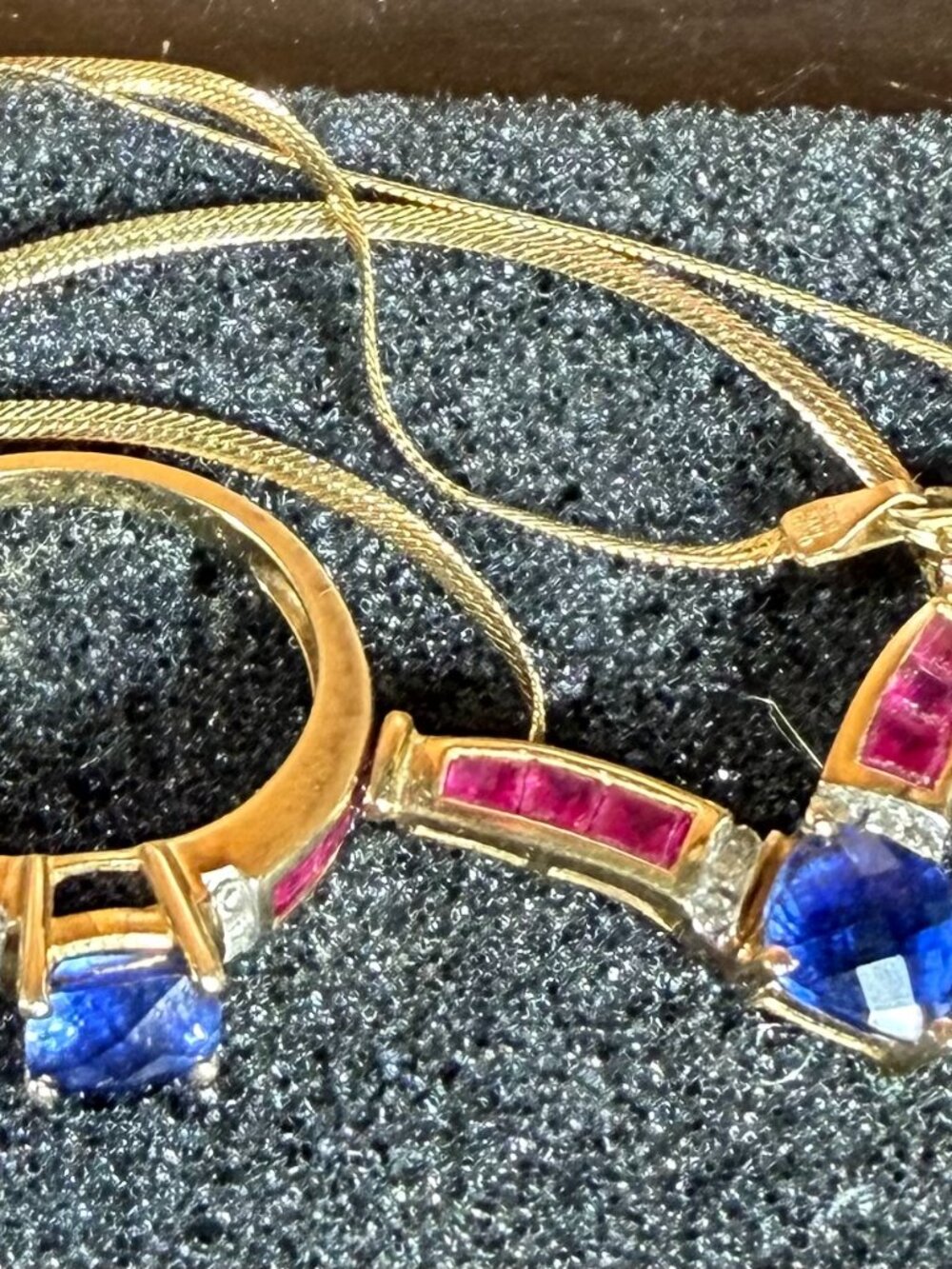 Matching Set 10K Yellow Gold Ring & Necklace with Ruby/Sapphire/Diamond Stones
